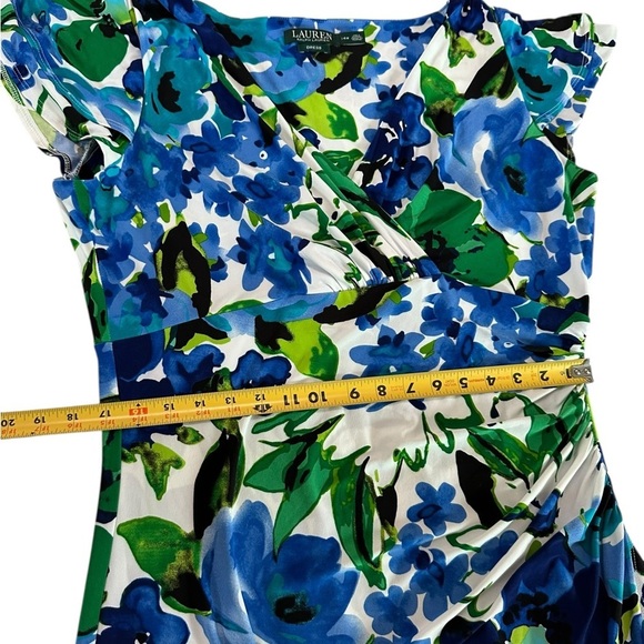 Lauren Ralph Lauren Cannes Blue Floral Flutter Sleeve Matte Jersey Dress Sz 14W - Picture 8 of 17